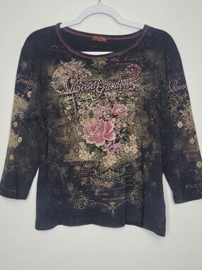 Flower N Ring rose garden grunge art to wear artsy 3/4 sleeve top size xl